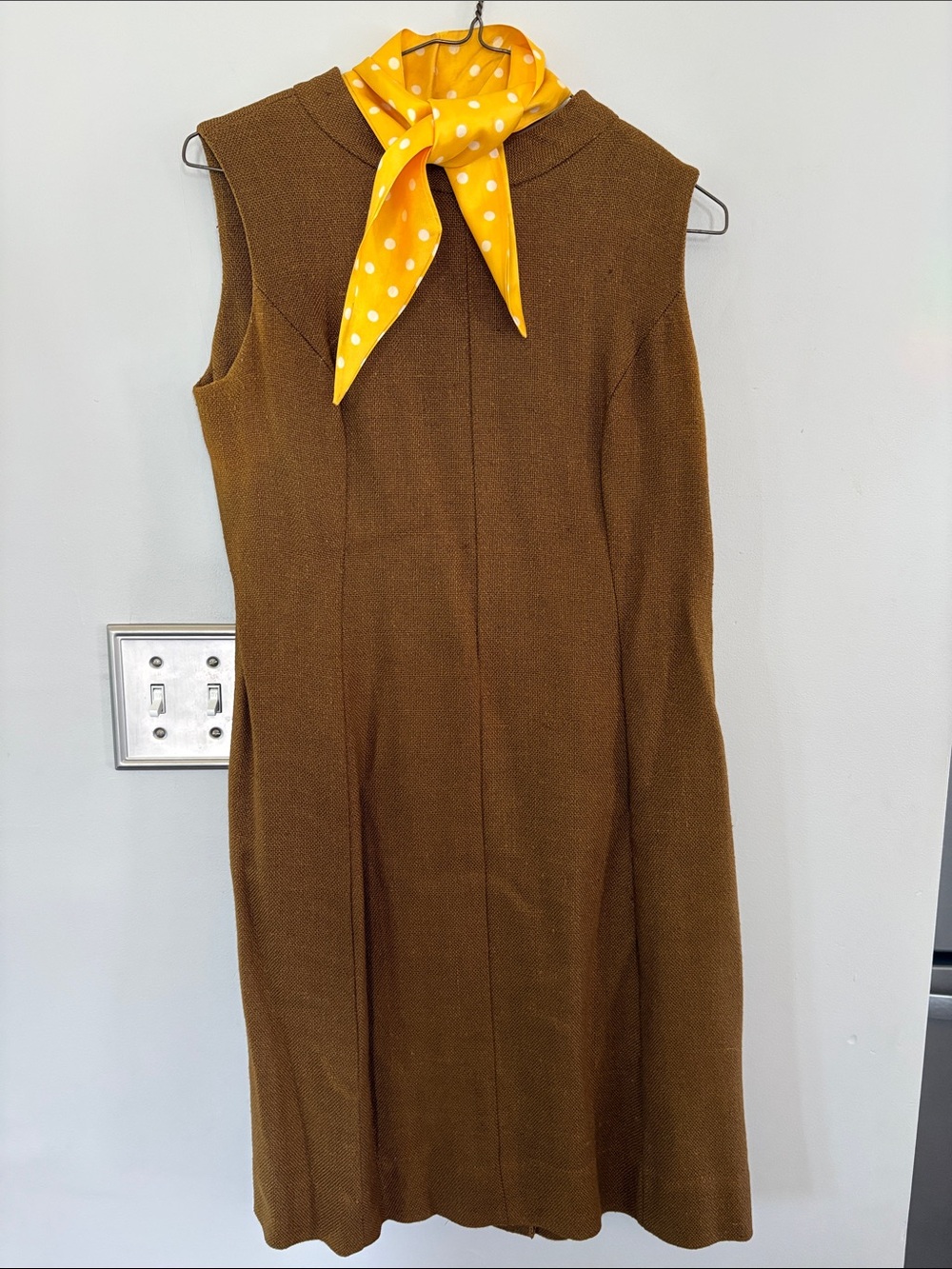 Vintage 60’s Shift sleeveless brown dress with yellow polka dot scarf collar